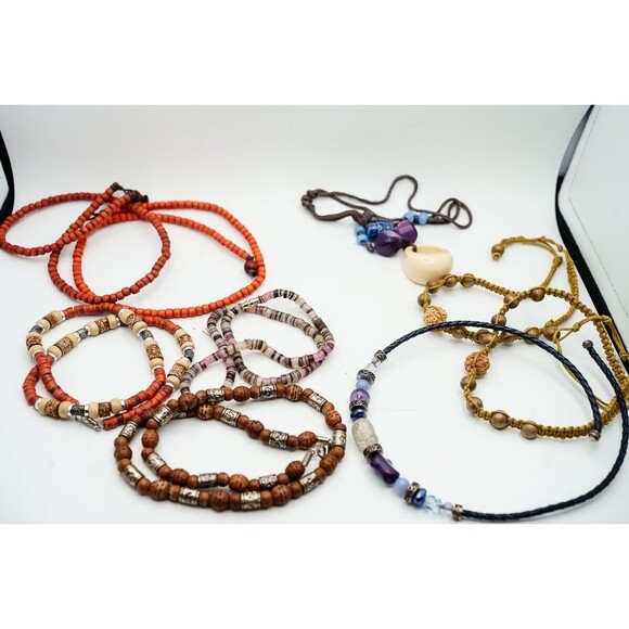 Necklace Lot 9 wood bead glass boho style - Picture 1 of 8